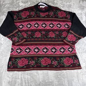 Vintage Private Eyes Knit Sweater Womens XL Black Roses Fair Isle Grandma (1099)